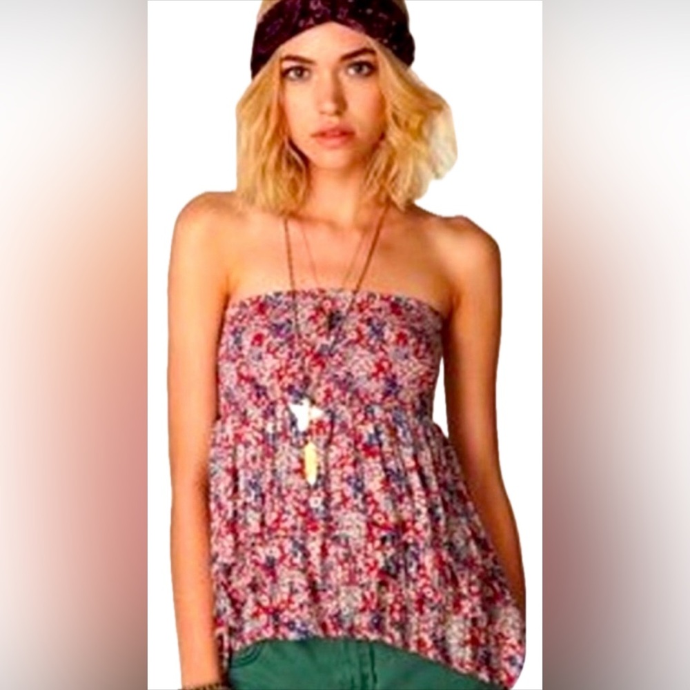 Vintage Free People Strapless Floral Tube Top/Skirt Tiered Front/Back Raw Hem - Picture 2 of 15
